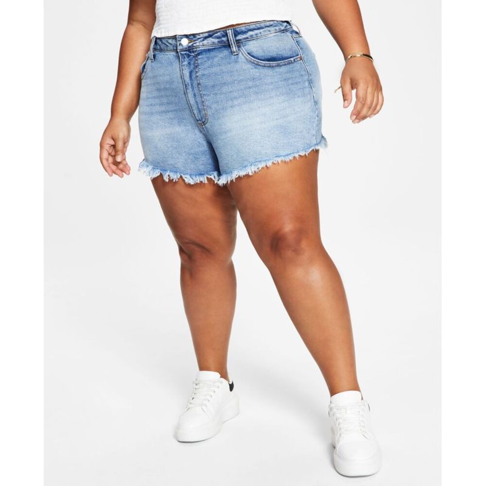 Tinseltown Trendy Plus Size High Rise Frayed Hem Mom Shorts